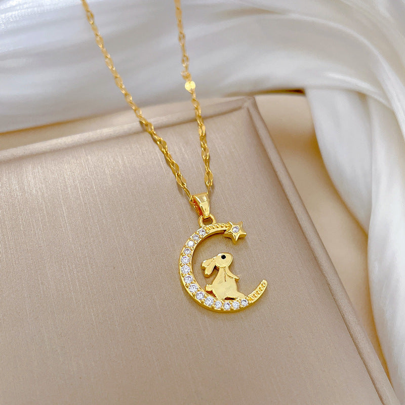 Luxury Moon and Rabbit Pendant Necklace for Women in Titanium Steel with Geometric Design, Plated Finish, Perfect for Wedding, Banquet, and Everyday Elegance