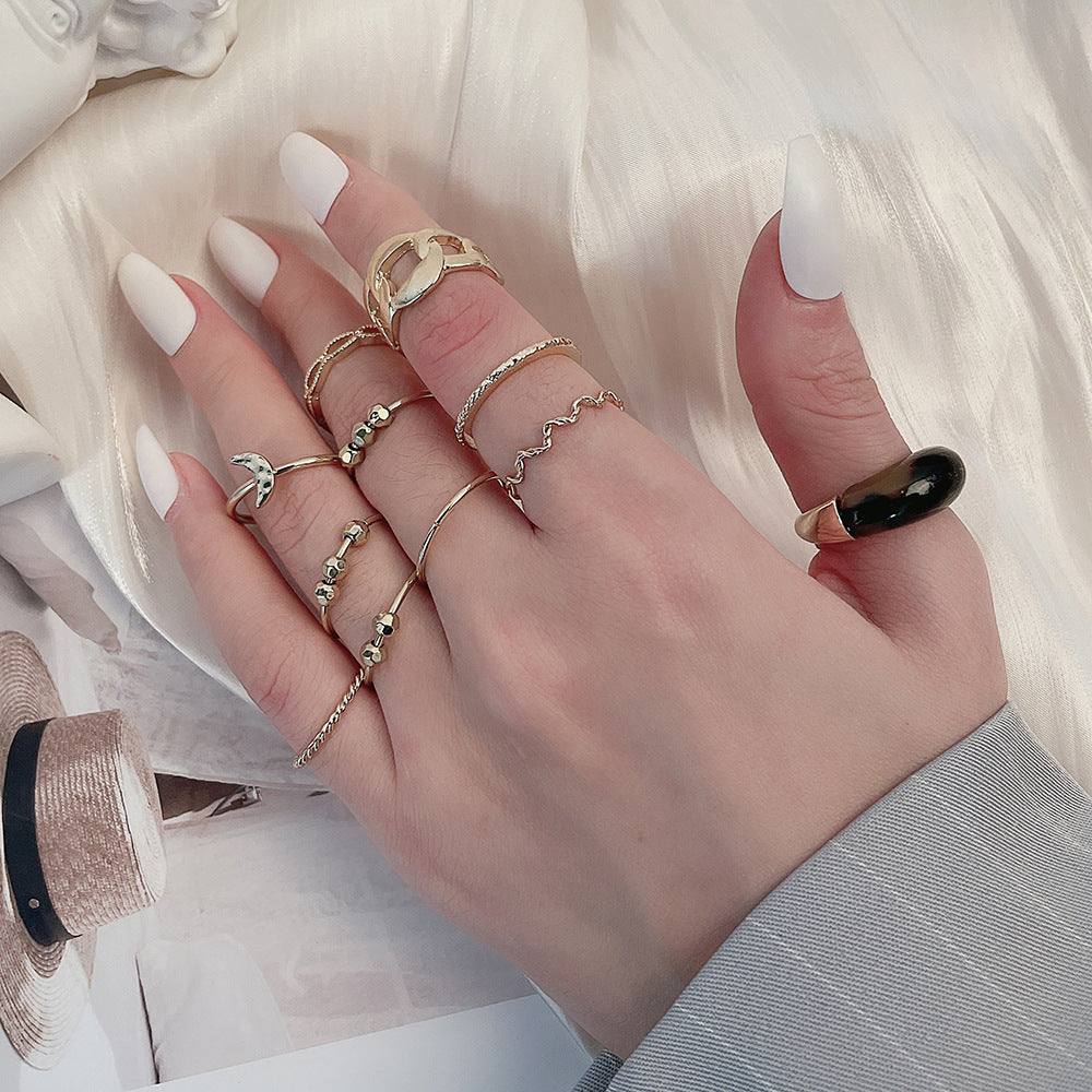 Sweet Minimalist Geometric Alloy Plated Drip Oil Smile Ring Set for Women