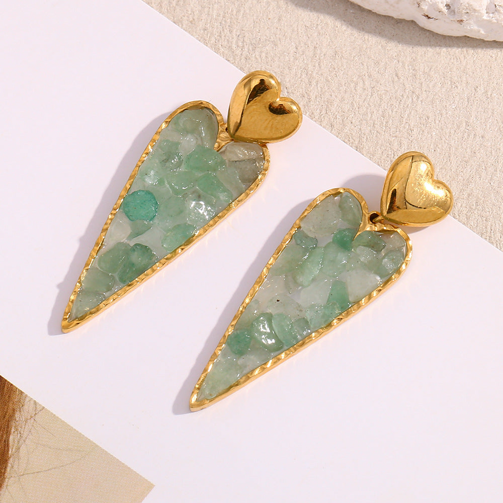 Vintage-Style Heart-Shaped Stainless Steel Earrings with 18K Gold Plating and Green Rhinestone Accents