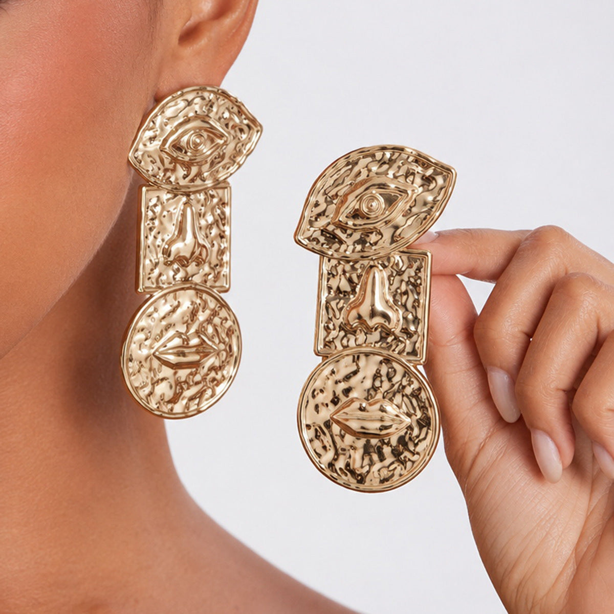 Vintage Geometric Square Oval Hammered Iron Plated Earrings for Women
