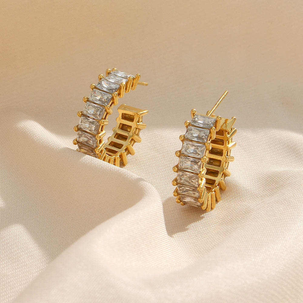 Fashion Minimalist Geometric C-Shaped Stainless Steel 18K Gold Plated Zircon Earrings for Women