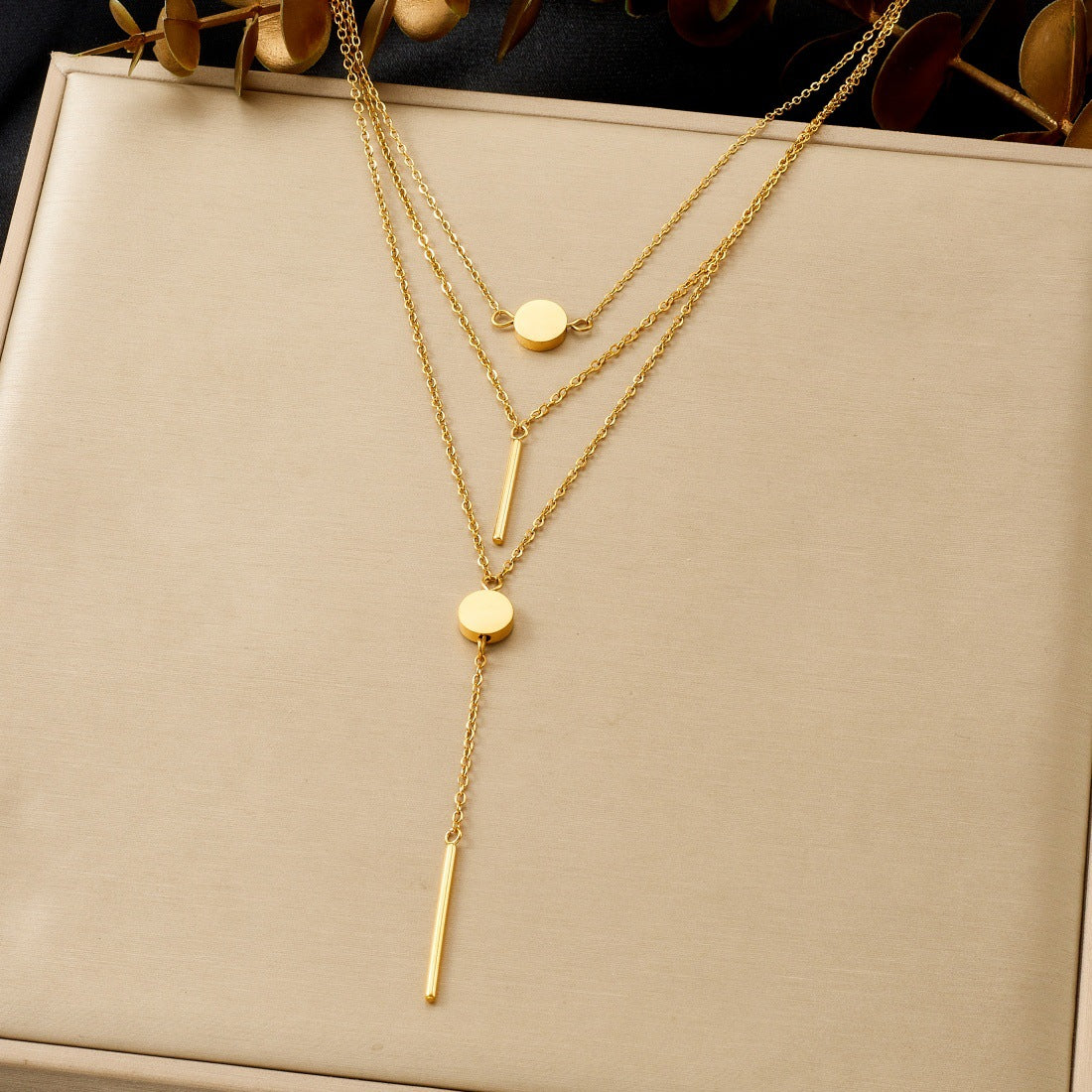 Minimalist Gold Plated Stainless Steel Round and Rectangle Pendant Layered Necklace with Tassel for Women
