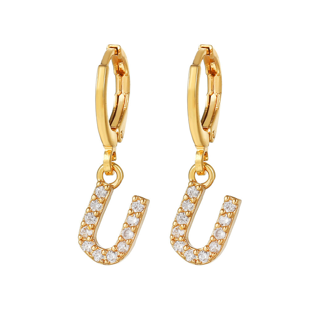 Minimalist Elegant Gold Plated Brass Micro-Inlaid Cubic Zirconia Letter Hoop Earrings for Women
