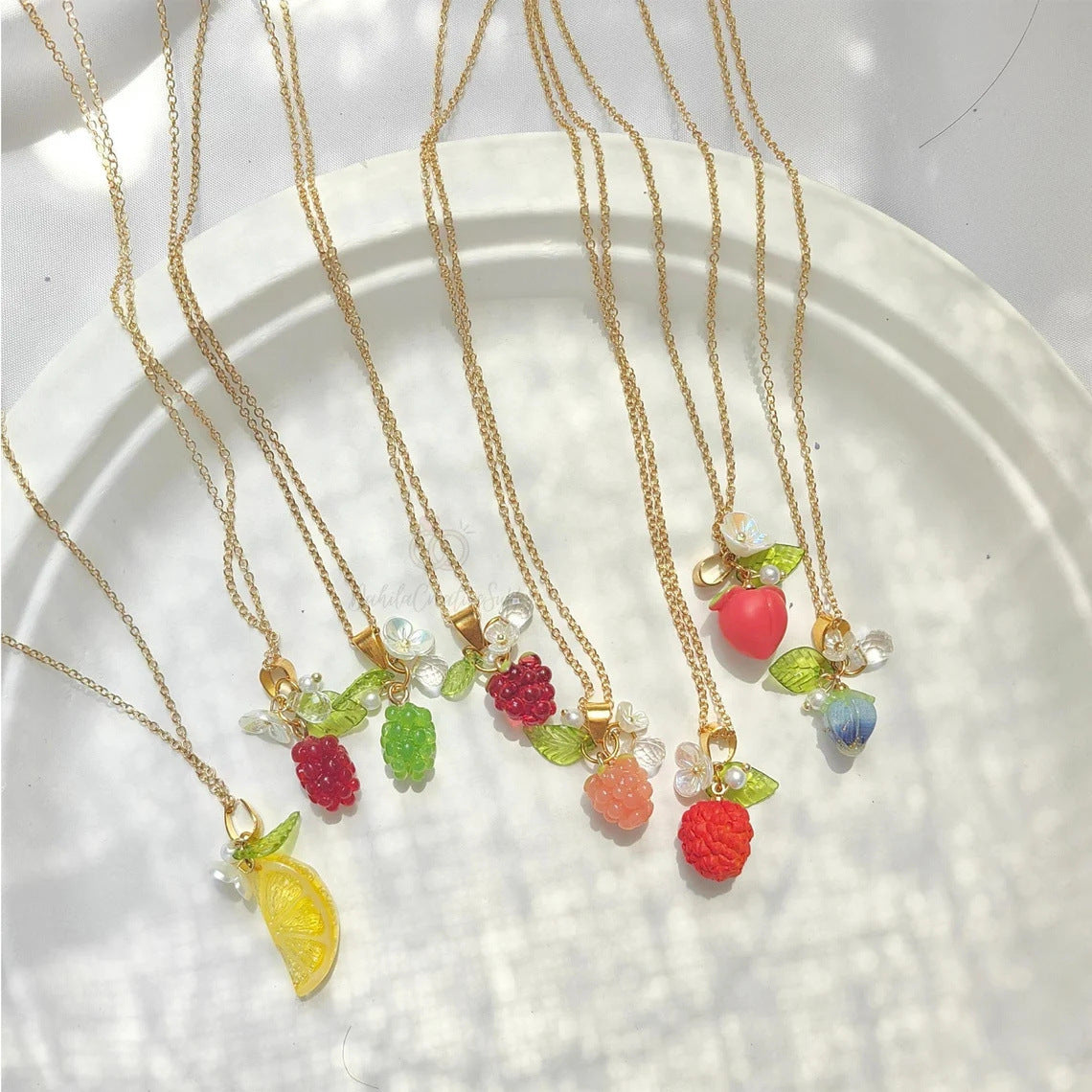 Colorful Fruit Grape Blueberry Lemon Lychee Peach Pendant Stainless Steel Necklace for Women