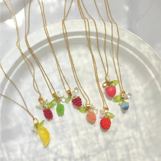 Colorful Fruit Grape Blueberry Lemon Lychee Peach Pendant Stainless Steel Necklace for Women