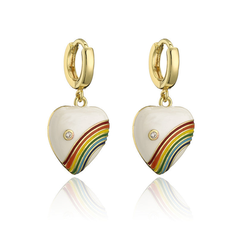 Vintage Drip Oil Rainbow Heart Geometric Brass 18K Gold Plated Micro-set Cubic Zirconia Earrings for Women