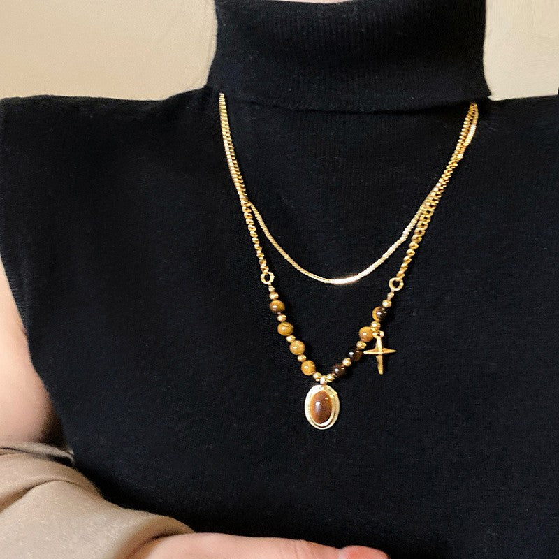 Collana con Ciondolo Vintage a Occhio di Tigre Geometrico Placcata Oro 18K Lunga per Maglione da Donna