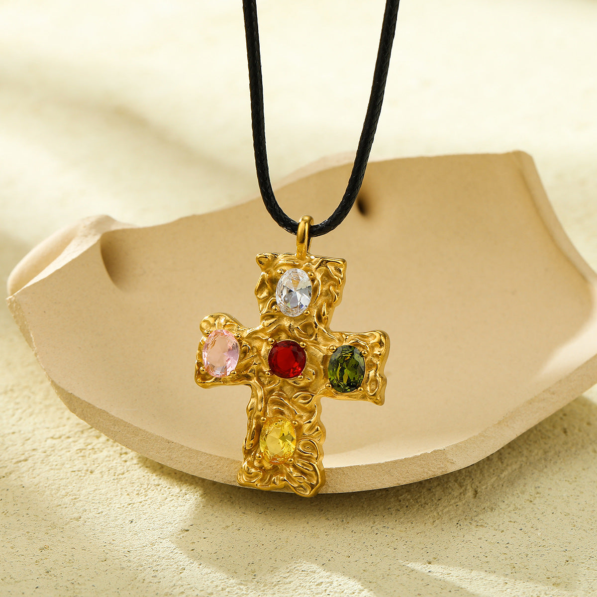 Fashionable Cross Pendant Necklace in Titanium Steel with 18K Gold Plating and Colorful Zircon Inlay for Women