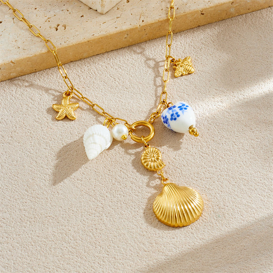Chic Stainless Steel Plated Heart Pendant Necklace with Seashell Starfish Print for Women Summer Vacation