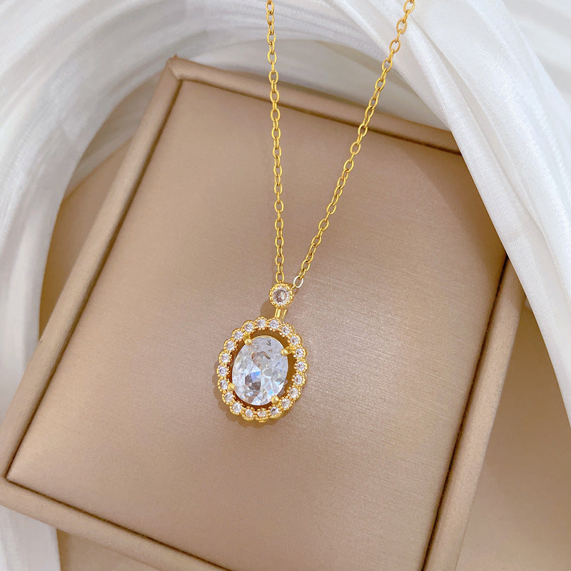 Sweet Minimalist Oval Geometric Cubic Zirconia Titanium Steel Necklace for Unisex