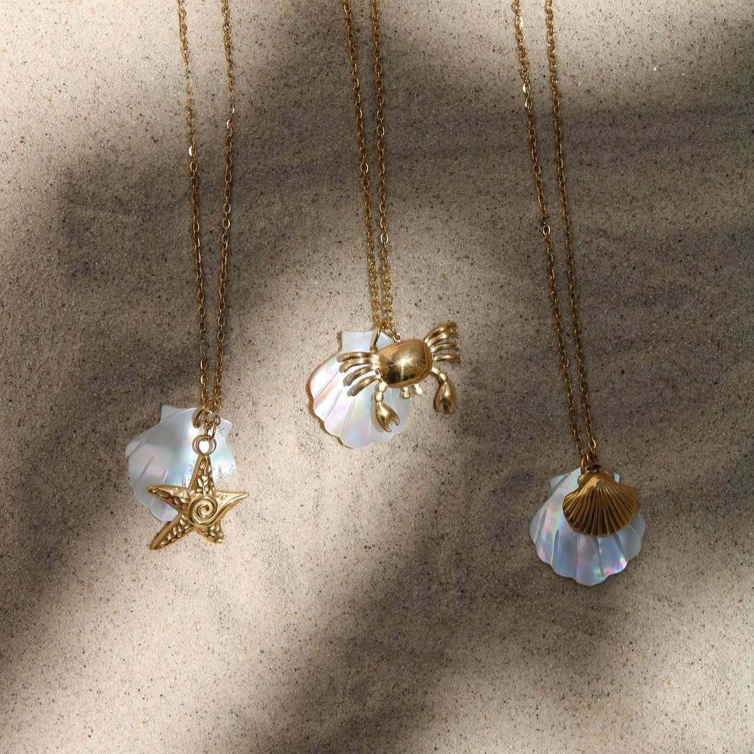 18K Gold Plated Stainless Steel Starfish Conch Shell Charm Bar Necklace Cable Chain Unisex Summer Beach Jewelry