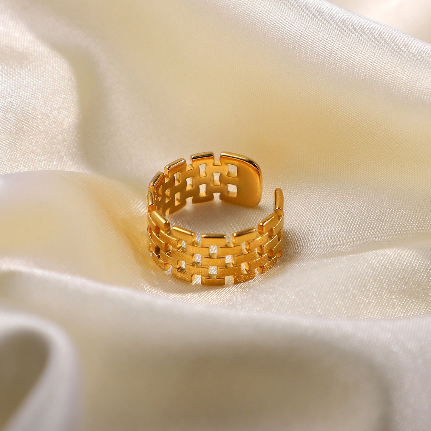 Minimalist Wide Band Open Ring for Women in Stainless Steel with 18K Gold Plating and Mesh Texture