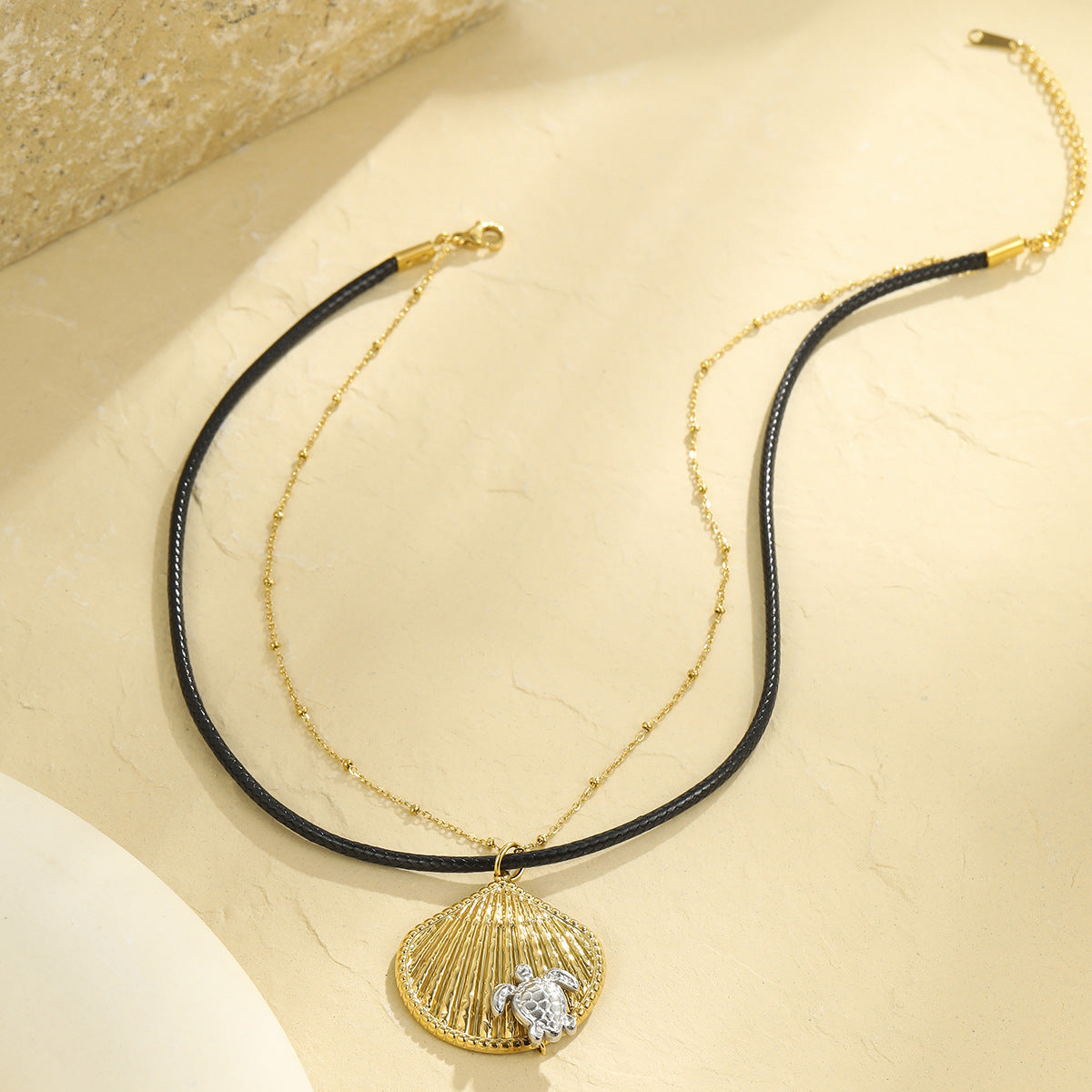 Fashionable Turtle Pendant Necklace in Stainless Steel with Rhinestone Inlay on Black Cord for Women