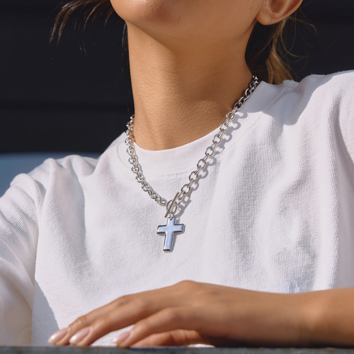 Minimalist 18K Gold Plated Stainless Steel Cross Necklace PVD Geometric Pendant Cable Chain for Unisex