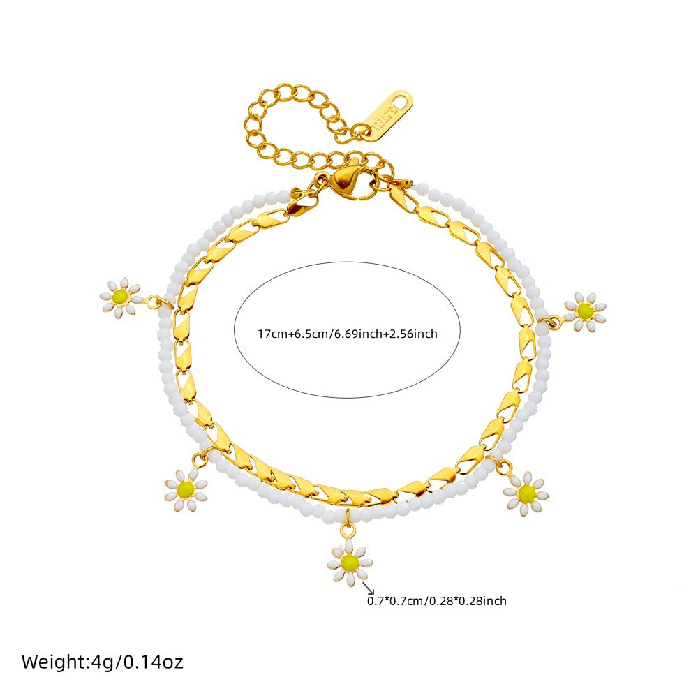 Chic Daisy Floral Stainless Steel Anklet for Women with Enamel Finish and Layered Chain Design
