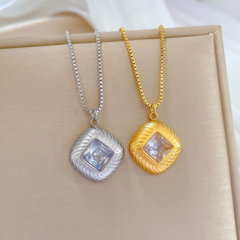 Minimalist Geometric Square Zirconia Titanium Steel Necklace for Women with Gold Plating and Beveled Edges