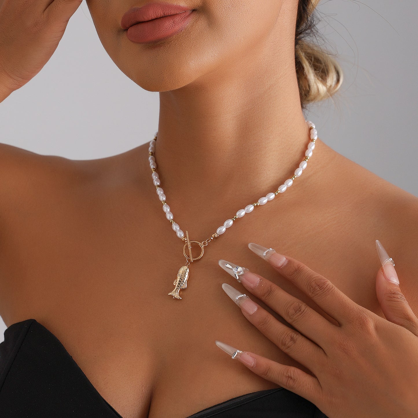 Creative Geometric Fish Pendant Necklace with Imitation Pearl Beads and OT Clasp for Women