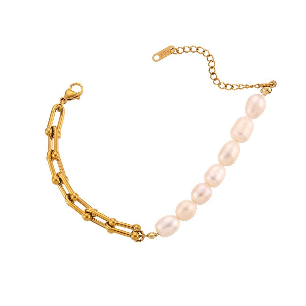 Minimalist Geometric Pearl Pendant Necklace and Bracelet Set in Titanium Steel with Plated Finish for Women