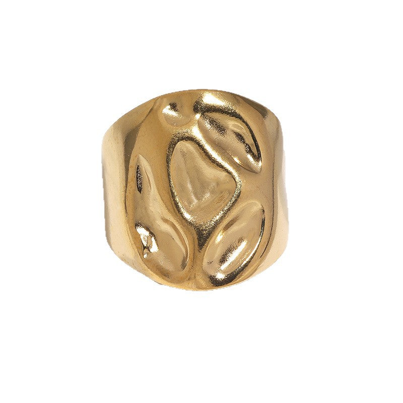 Punk Streetwear Gold Plated Hammered Textured Adjustable Wide Band Stainless Steel Ring for Women