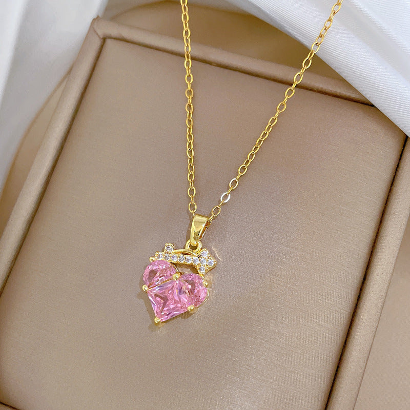 Collana Minimalista a Cuore in Acciaio al Titanio con Intarsio di Zirconi da Donna, Delicata Catena alla Clavicola