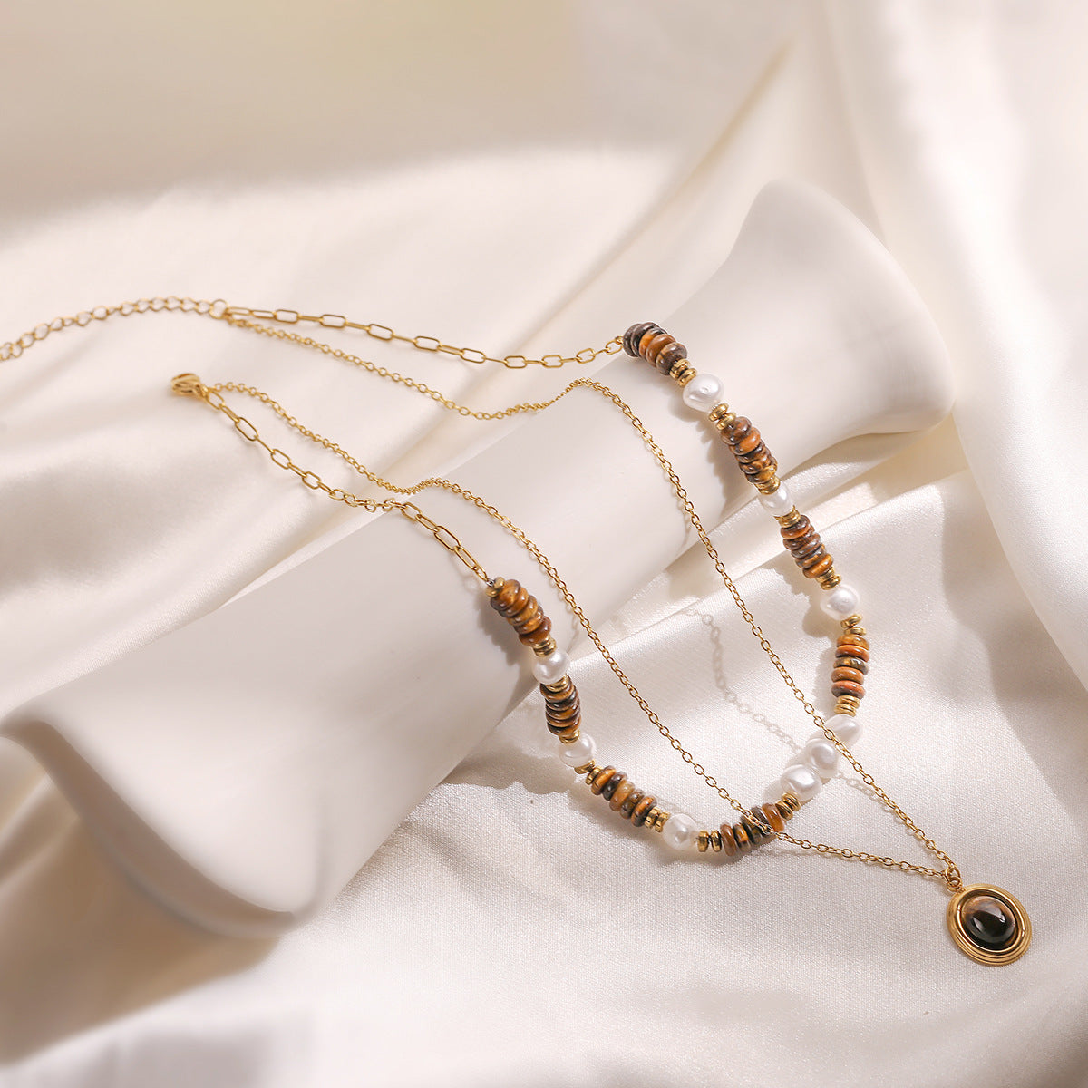 Minimalist Geometric Tiger Eye Beaded Double Layer Necklace in Stainless Steel for Women