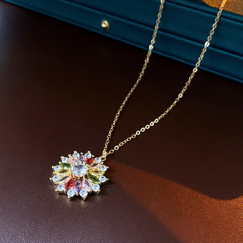 French Style Floral Pendant Necklace with Zircon Inlay on O-Chain for Women
