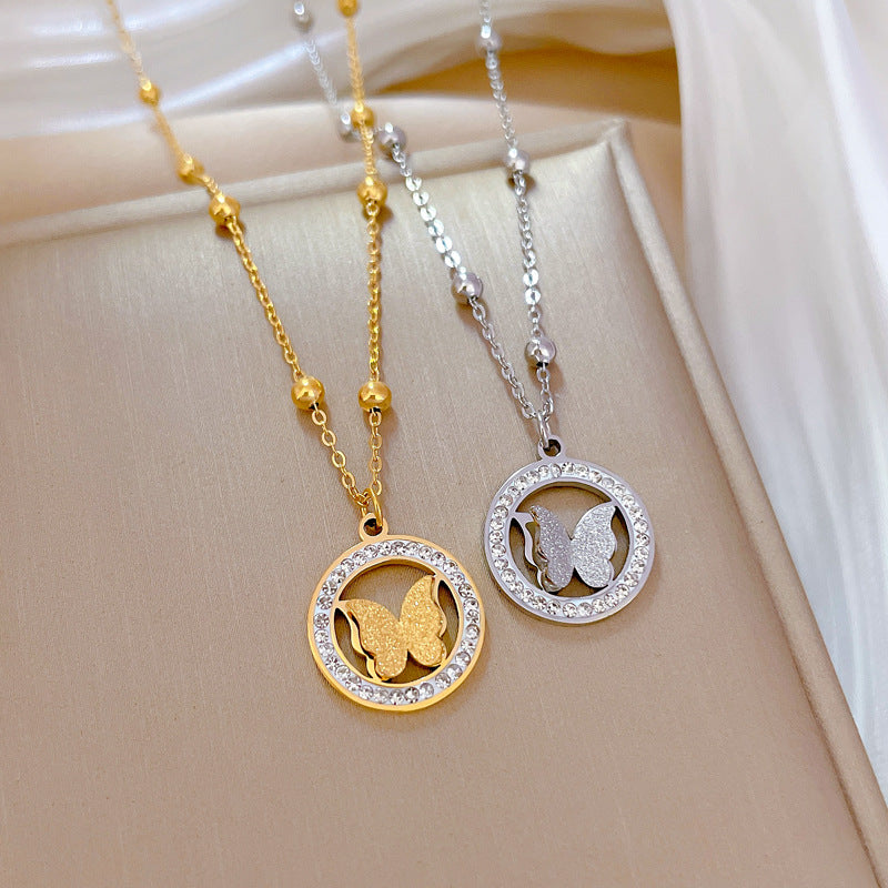Minimalist Titanium Steel Butterfly Pendant Necklace for Women Geometric Locket Chain Fashion Office Jewelry