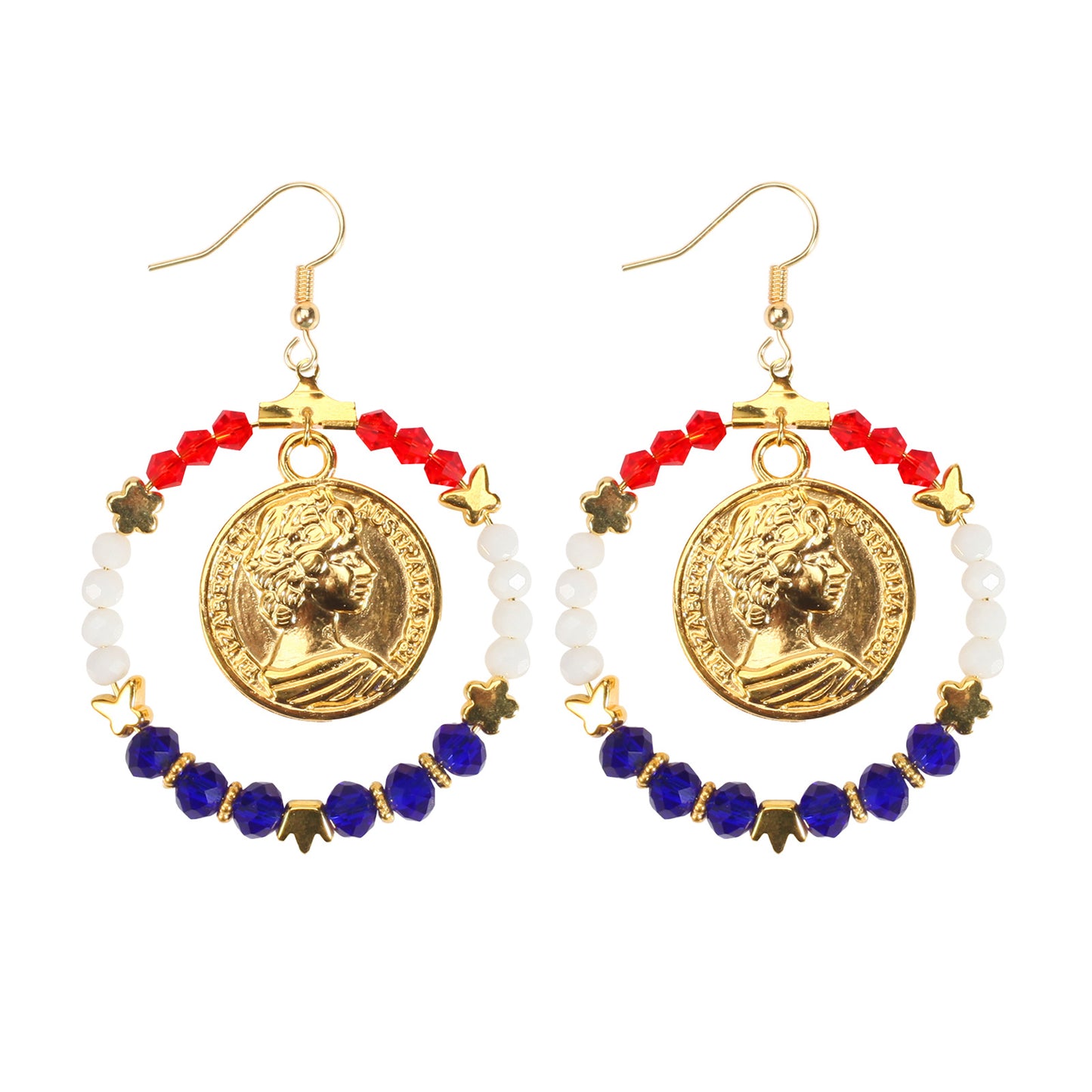 Patriotic Round Star Heart Rhinestone Plated Brass Earrings for Women