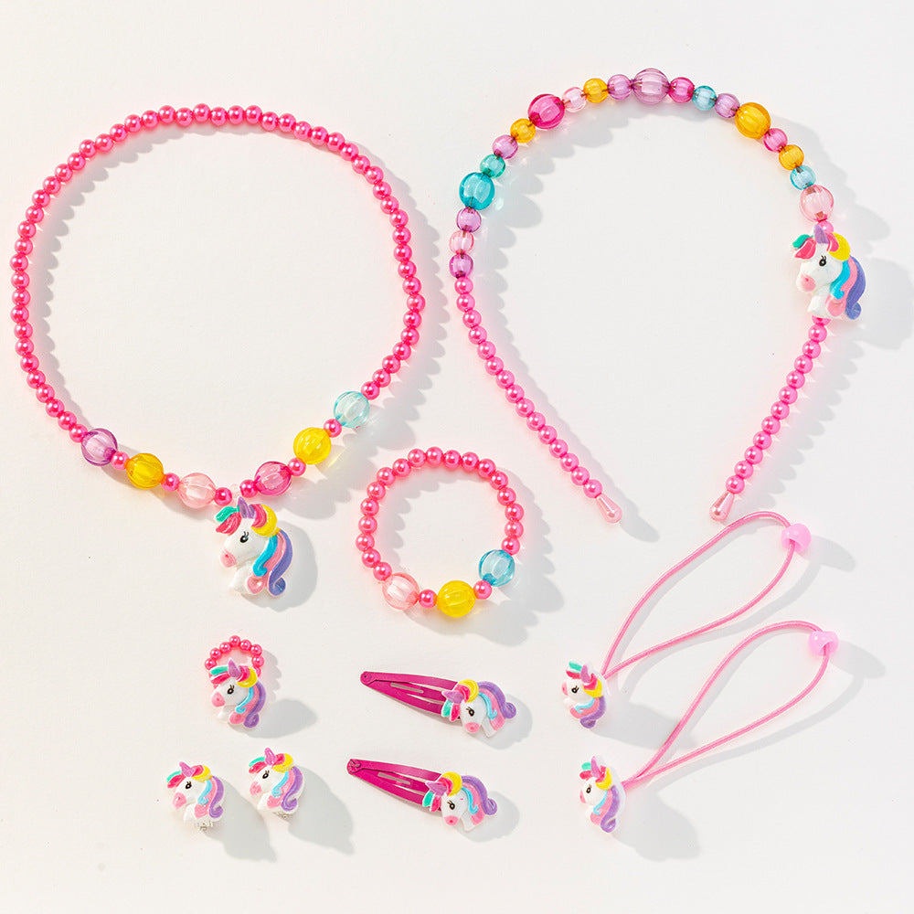 Set di collane con ciondolo unicorno a fumetti per bambini, gioielli a forma di animale in resina plastica con catena di perline rotonde, accessorio da spiaggia estivo