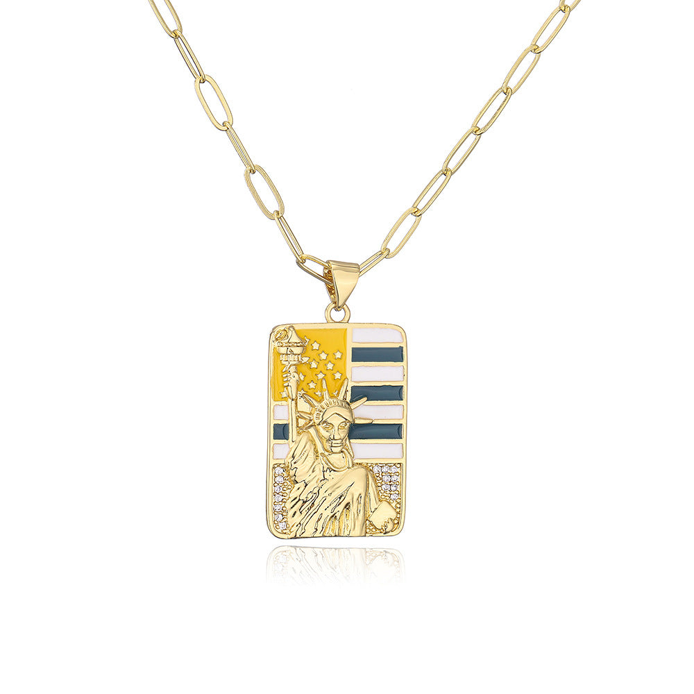 Minimalist Square Liberty Goddess Pendant Necklace for Women with Copper Base Plated in Real Gold and Enamel Finish with Micro-Pave Zirconia