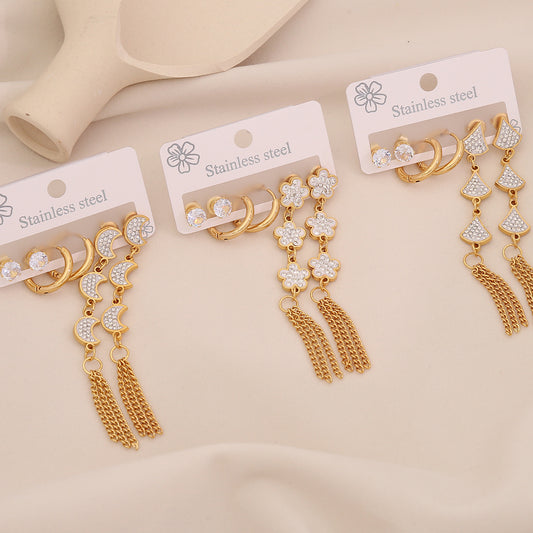 Fashionable Floral and Teardrop-Shaped Stainless Steel Stud Earrings with Dangle Fringe for Women