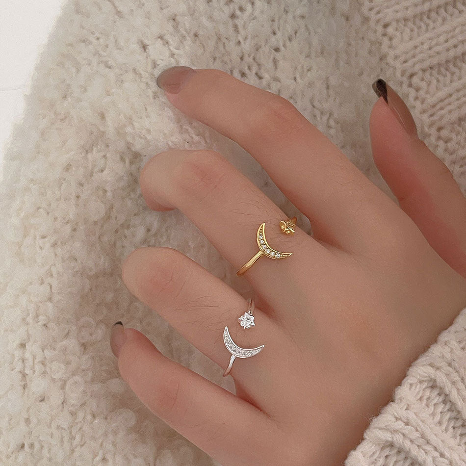 Anello da donna in argento sterling 925 con micro-incastonatura a forma di stella e luna con zirconi cubici