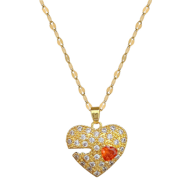 Collana pendente a cuore geometrico minimalista in acciaio al titanio con intarsio in strass rossi per uomo e donna
