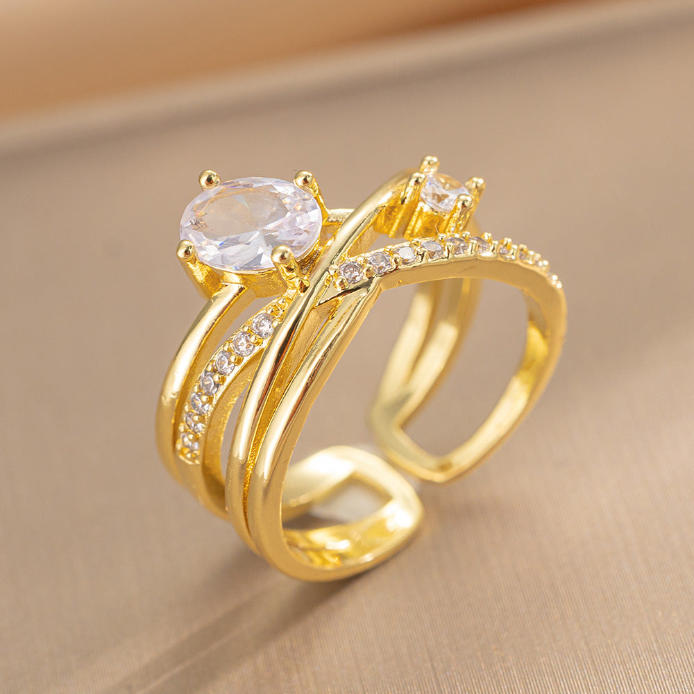 Luxury Minimalist Adjustable Open Ring for Women with Gold-Plated Copper Band and Zircon Stone Accent in Heart and Floral Shape