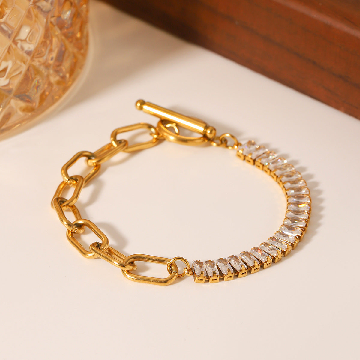INS Style Geometric Stainless Steel Cross Link Bracelet with Zircon Inlay for Women Titanium Steel Fashion Bracelet