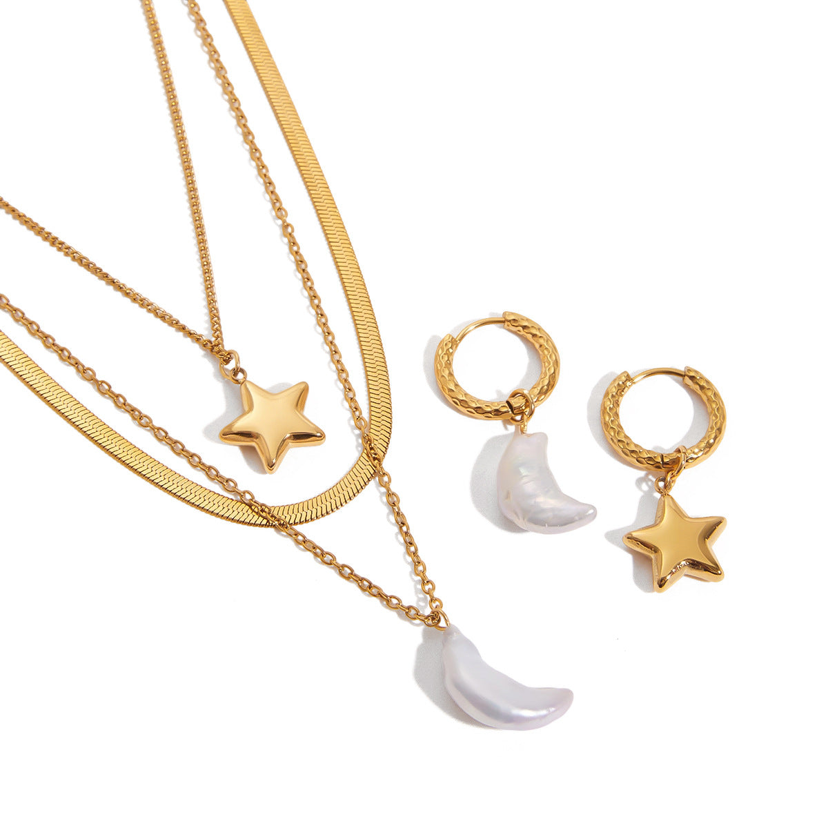 Elegante set collana a strati luna e stella in acciaio al titanio con orecchini a perno in acciaio inossidabile da donna