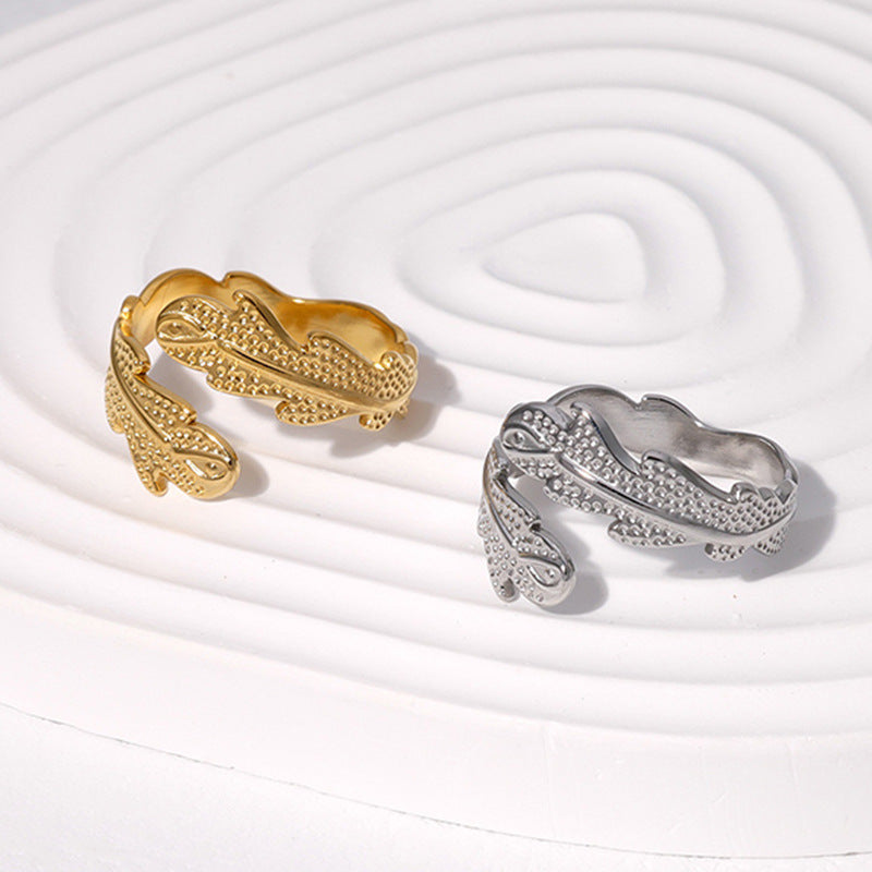 Anello aperto da donna placcato in acciaio inossidabile geometrico minimalista con motivo a foglia