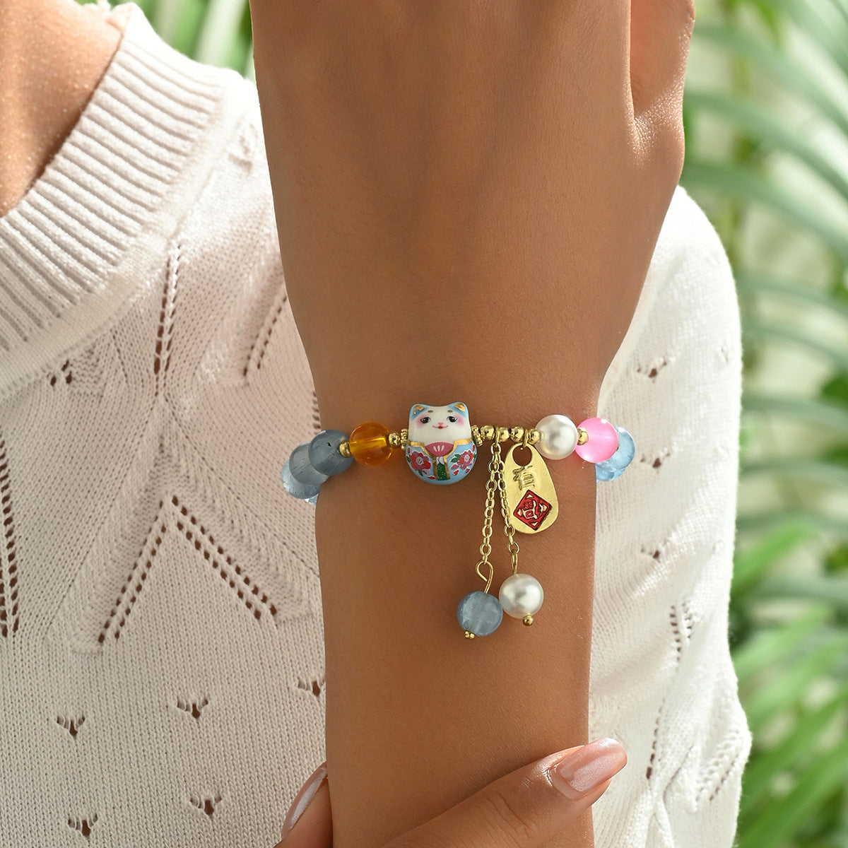 Bracciale da donna minimalista con gatto in stile cinese, perline di cristallo e design artigianale