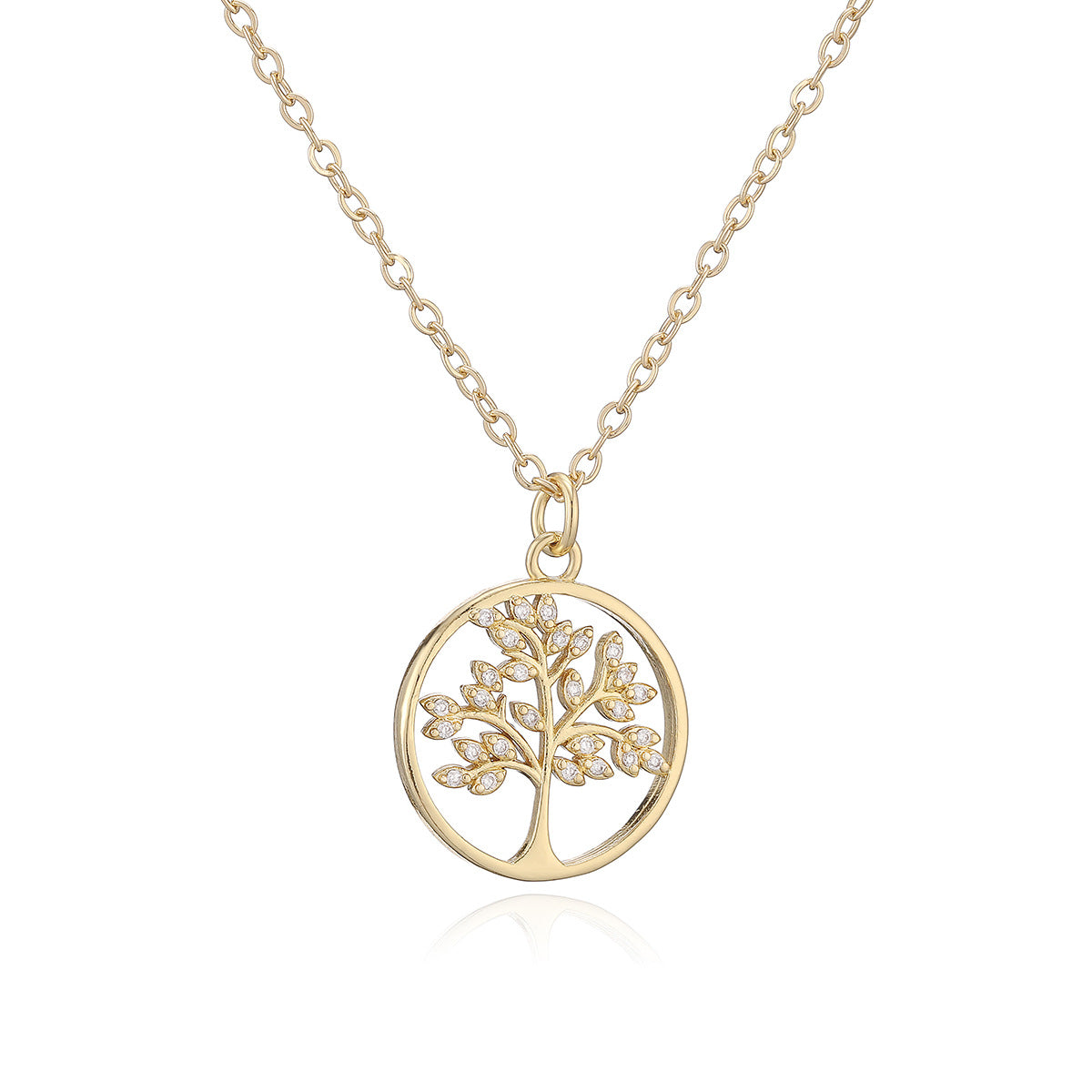 Fashion 18K Gold Plated Brass Round Tree of Life Cubic Zirconia Pendant Necklace for Women