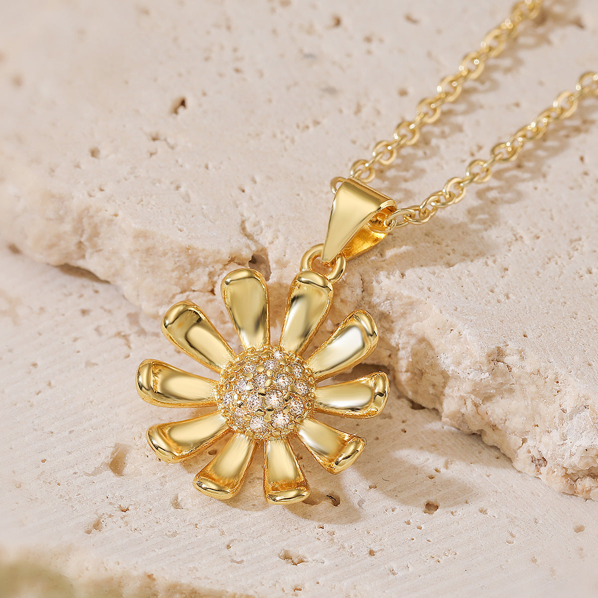 Minimalist 18K Gold Plated Brass Sunflower Pendant Necklace and Earring Set with Cubic Zirconia Micro-inlay on Ball Chain for Women