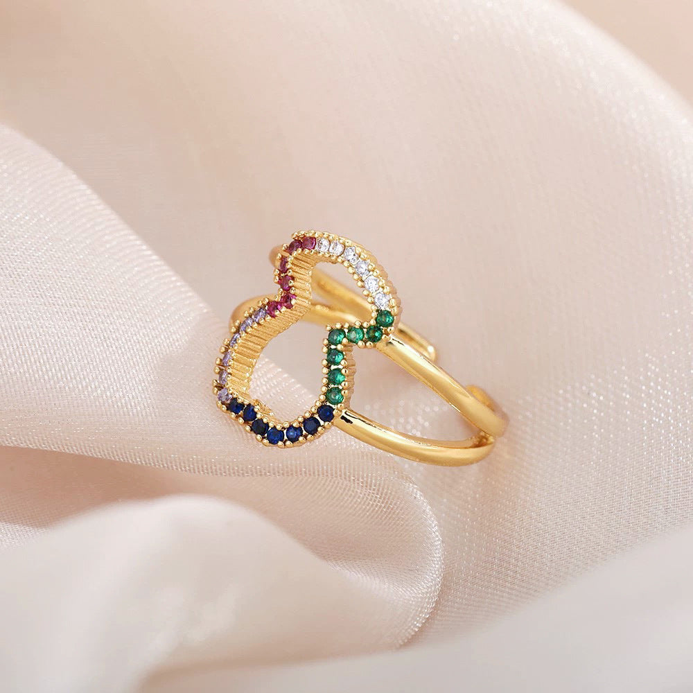 Anillo de cobre rústico-chic con forma de U geométrica calada para mujer con incrustaciones de circonita