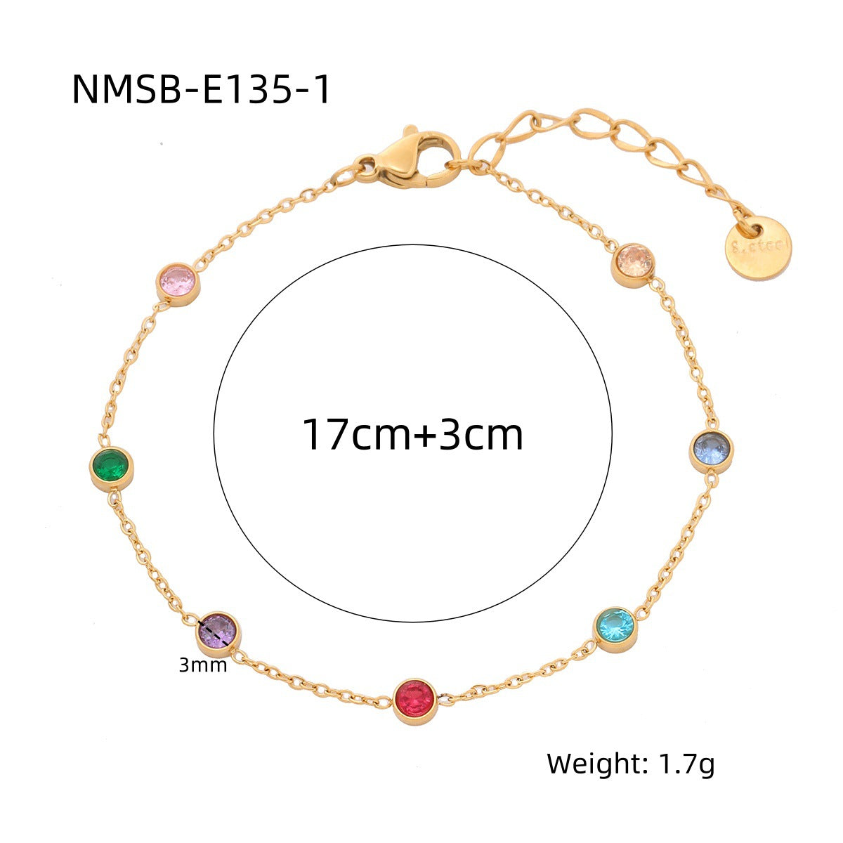 Pulsera geométrica redonda minimalista de moda para mujer de acero inoxidable con acabado en oro de 18 quilates chapado al vacío e incrustaciones de pedrería de colores
