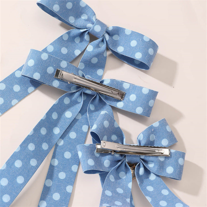 Ribbon Bow Hair Clip for Girls with Polka Dot Pattern and Ruffled Mesh Detail, Plastic Resin Duckbill Hairpin for Ponytail, Natural Style Children's Hair Accessory