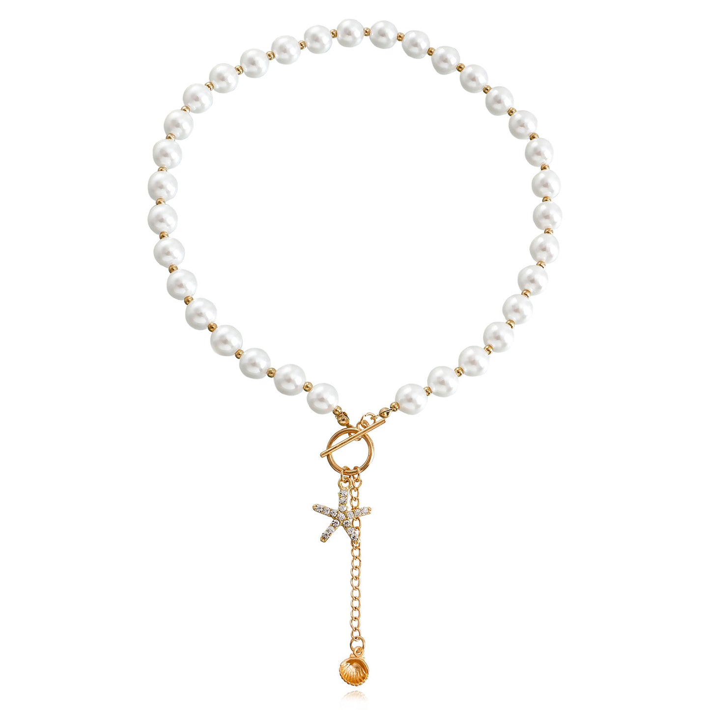 Fashionable Star-Shaped Alloy Pendant Necklace with Rhinestone Accents for Women, Electroplated Geometric Beach Shell-Inspired Choker