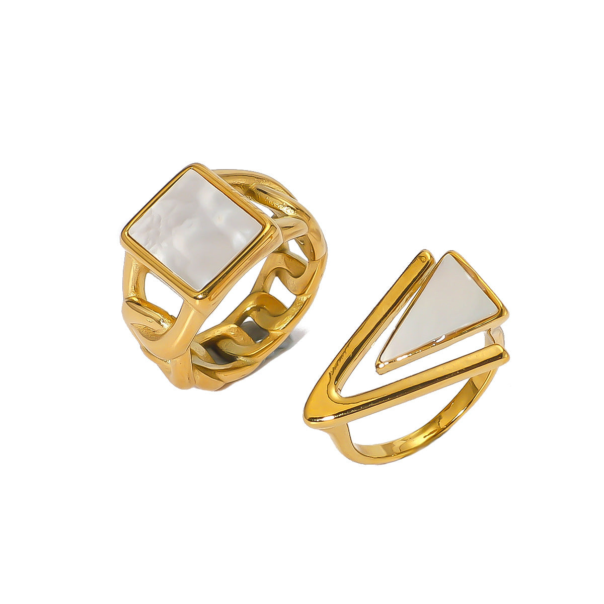 Vintage Minimalist Geometric Stainless Steel Ring with White Natural Shell Inlay and 18K Vacuum Plating