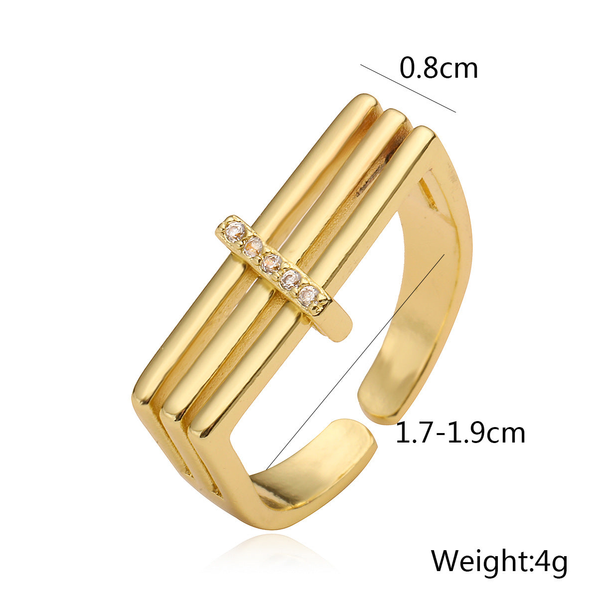 Minimalist Geometric Open Ring for Women Made of Brass with 18K Gold Plating and Cubic Zirconia Inlay