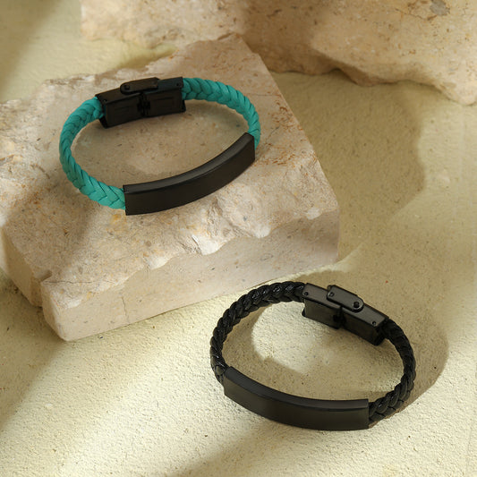 Fashionable Geometric Stainless Steel Braided Leather Bracelet for Women with Plating Finish Custom Engraving Gift