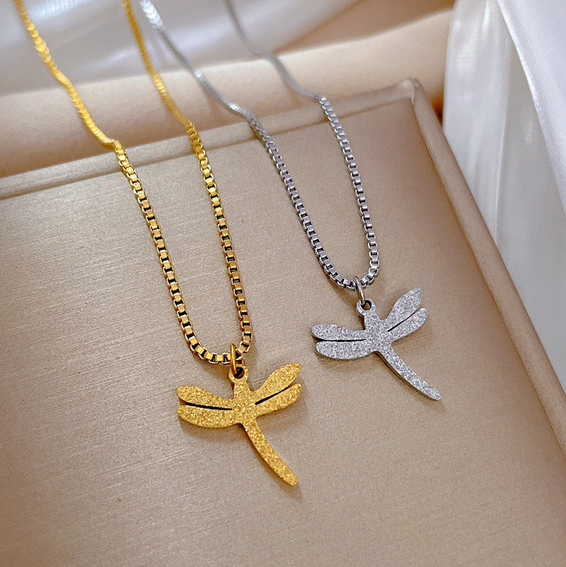 Minimalist Geometric Titanium Steel Plated Necklace with Gold Foil Dragonfly Pendant for Women