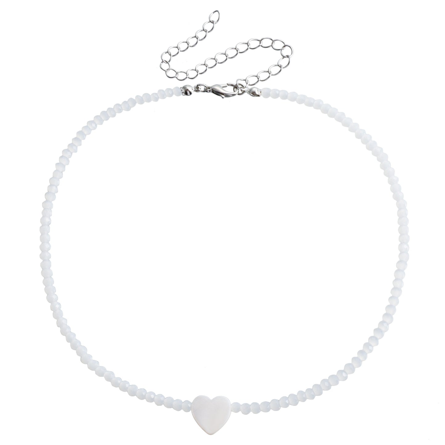 Bohemian Style Heart-Shaped Mother-of-Pearl Pendant Necklace with Crystal Beads on Gold-Plated Clavicle Chain for Women