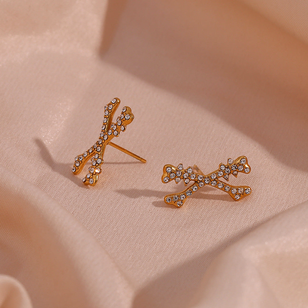 Minimalist Fashion Geometric X-Shaped Stainless Steel Hoop Earrings with Rhinestone Inlay for Women